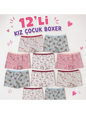 Orivra 12'li Kız Çocuk Şort Boxer seti  Pamuklu Esnek Desenli İç Çamaşırı Paketi