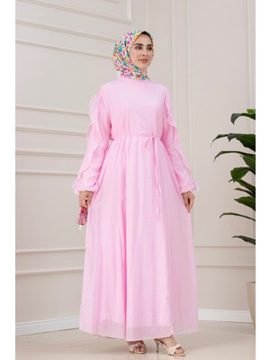 Sevitli Kolları Fırfır Detaylı Simay Elbise-Pembe