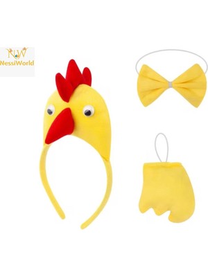 Nessi World Çocuk Horoz Tavuk Kostüm Seti 3 Parça (Taç + Papyon + Kuyruk)