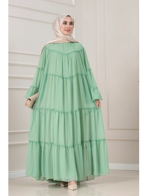 Sevitli Robalı Manolya Şifon Elbise-Mint Yeşili