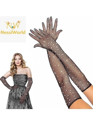 Nessi World Siyah Renk Incili Elmas Işlemeli File Örgü Uzun Eldiven 45 cm