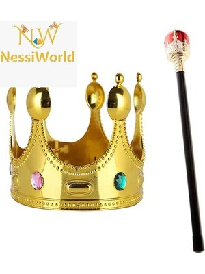 Nessi World Çocuk Boy Altın Renk Kral Tacı ve Kırmızı Topuzlu Kral Asası