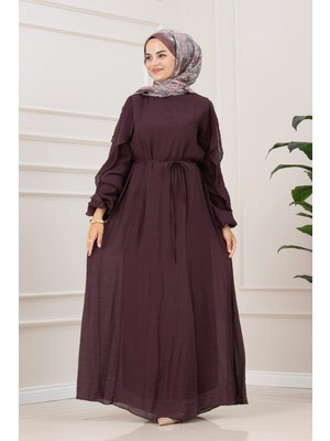 Sevitli Kolları Fırfır Detaylı Simay Elbise-Mürdüm