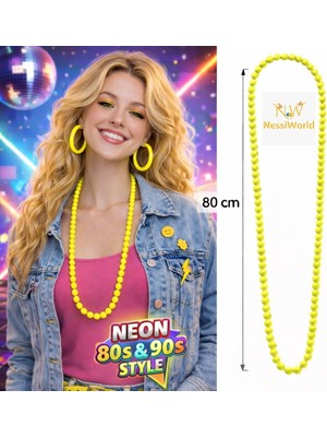 Nessi World Neon Sarı Boncuk Kolye 80 cm – Retro 80’ler 90’lar Parti Aksesuarı