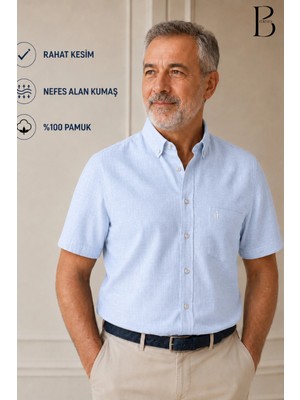 BURSPA Rahat Kesim Klasik Erkek Baba Kısa Kol %100 Pamuk Keten Gömlek