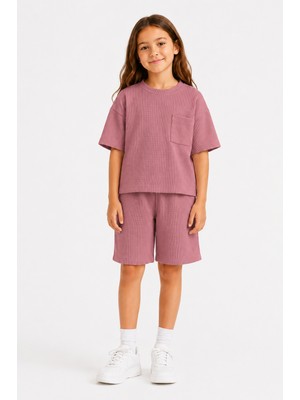 Monox Unisex 5-12 Yaş Petek Dokulu Oversize Yazlık Şort Tişört Takım