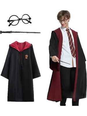Nessi World Pttr Gryffindor Kapişonlu Çocuk Kostüm + Asa + Gözlük Seti 9-10 Yaş