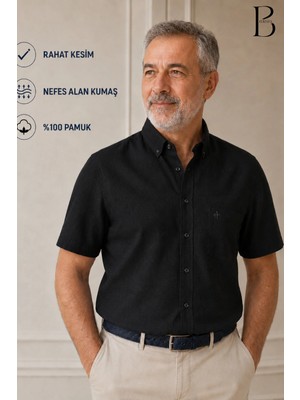BURSPA Rahat Kesim Klasik Erkek Baba Kısa Kol %100 Pamuk Keten Gömlek