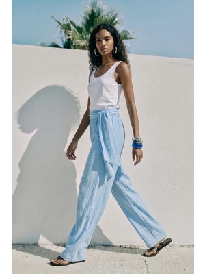 Sateen Kuşaklı Pantolon - Bebe Mavi