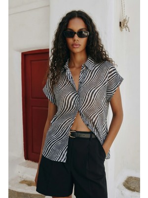 Sateen Kısa Kollu Zebra Desenli Gömlek - Siyah