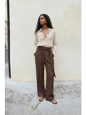 Sateen Kuşaklı Pantolon - Kahve