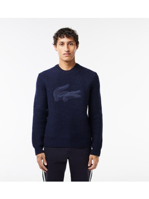 Lacoste Erkek Classic Fit Bisiklet Yaka Baskılı Lacivert Kazak