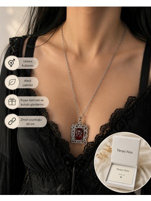 Herşey Nota Gotik Örümcek Kabartmalı Çerçeve Kolye Unisex Vintage Kırmızı Detaylı 60 cm Zincir