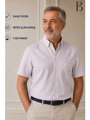 BURSPA Rahat Kesim Klasik Erkek Baba Kısa Kol %100 Pamuk Keten Gömlek