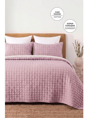 Evlen Home Collection %100 Pamuk Çift Kişilik Yatak Örtüsü Seti Taş Yıkama 3 Parça Elyaf Dolgulu Yumuşak Joy Lila