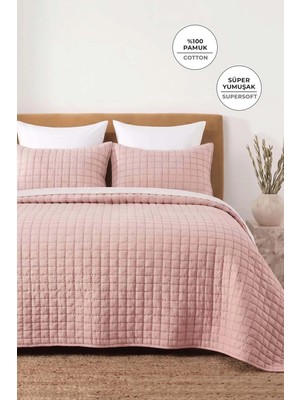 Evlen Home Collection %100 Pamuk Çift Kişilik Yatak Örtüsü Seti Taş Yıkama 3 Parça Elyaf Dolgulu Yumuşak Joy Pudra