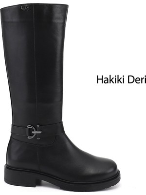 Gönderi(r) Kadın Siyah  Fermuarlı Kalın Topuklu Hakiki Deri Çizme