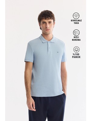 AVVA Erkek Mavi Kıvrılmaz Polo Yaka %100 Pamuk Basic Regular Fit T-Shirt B001032
