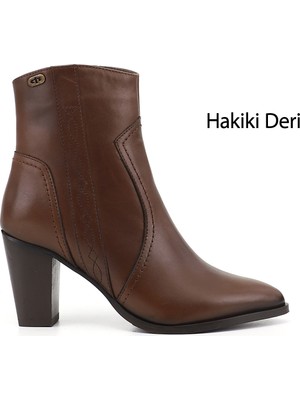Gönderi(r) Kadın Kahve  Fermuarlı Sivri Burun Hakiki Deri Bot