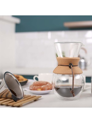 Linan Ware Chemex Filtre Kahve Demleme 600 ml Isıya Dayanıklı Borosilikat Cam Çelik Filtre Aparatlı