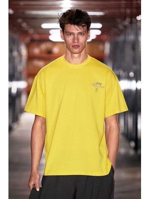 Grimelange Manoır Erkek Organik Pamuklu Baskı Detaylı Rahat Kalıp Sarı T-Shirt