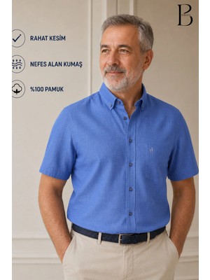 BURSPA Rahat Kesim Klasik Erkek Baba Kısa Kol %100 Pamuk Keten Gömlek