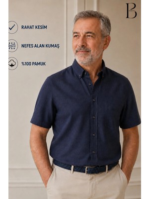 BURSPA Rahat Kesim Klasik Erkek Baba Kısa Kol %100 Pamuk Keten Gömlek