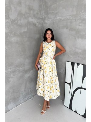 Neşeli Butik Kadın Beyaz Çiçek Desenli Kolsuz Midi Boy Kloş Kemerli Elbise NBK4645