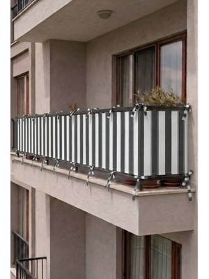 Meri Tekstil Antrasit Beyaz Lüks  Çizgili Su Geçirmez Kornişli Bağcıklı Balkon Perdesi Branda Enxboy