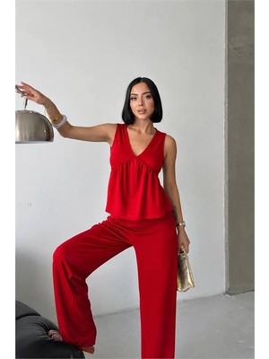 Neşeli Butik Kadın Kırmızı Modal Kumaş Volanlı Atlet Geniş Paça Pantolon Yazlık Ikili Takım NBG132