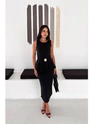 Neşeli Butik Kadın Siyah Kolsuz Peplum Kesim Midi Boy Kemer Tokalı Elbise NBK4640