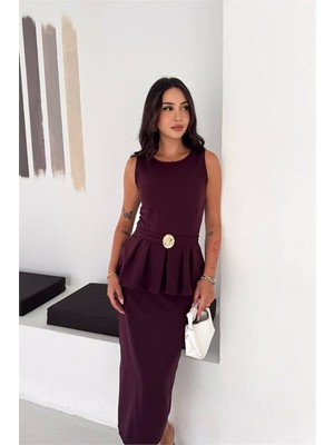 Neşeli Butik Kadın Mürdüm Kolsuz Peplum Kesim Midi Boy Kemer Tokalı Elbise NBK4640