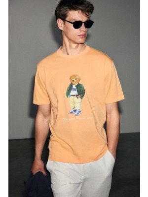 Grimelange Yecla Erkek %100 Pamuk Yuvarlak Yakalı Baskı Detaylı Turuncu T-Shirt