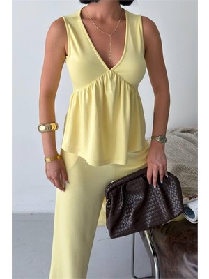 Neşeli Butik Kadın Sarı Modal Kumaş Volanlı Atlet Geniş Paça Pantolon Yazlık Ikili Takım NBG132