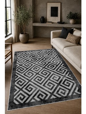Pelura Halı Gri Geometrik Desen Baskılı Yıkanabilir Kaymaz Taban Salon Oturma Odası Antre Halısı Yolluk