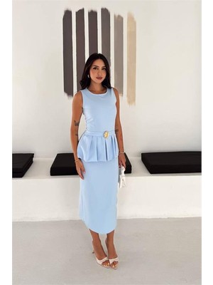 Neşeli Butik Kadın Bebe Mavi Kolsuz Peplum Kesim Midi Boy Kemer Tokalı Elbise NBK4640