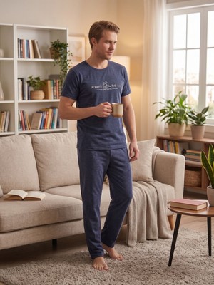 Sleeproom Erkek Kısa Kollu Lacivert Always Palm Yazlık Pijama Takımı