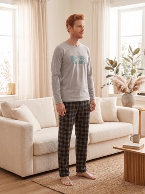Sleeproom Erkek Mevsimlik Uzun Kollu Strong Bej Pijama Takım