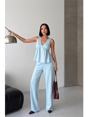 Neşeli Butik Kadın Bebe Mavi Modal Kumaş Volanlı Atlet Geniş Paça Pantolon Yazlık Ikili Takım NBG132