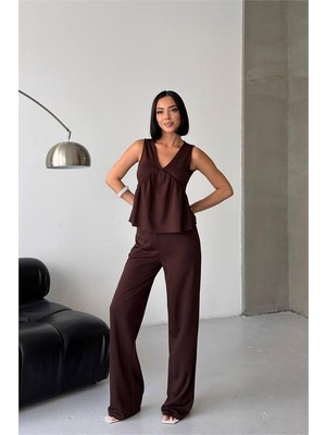 Neşeli Butik Kadın Kahverengi Modal Kumaş Volanlı Atlet Geniş Paça Pantolon Yazlık Ikili Takım NBG132