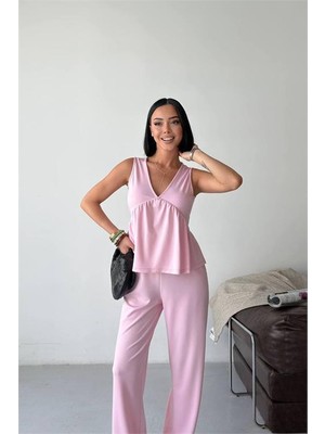 Neşeli Butik Kadın Pembe Modal Kumaş Volanlı Atlet Geniş Paça Pantolon Yazlık Ikili Takım NBG132