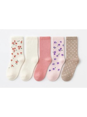 Solde Socks 5’li Set Çocuk Pamuklu Günlük Çorap – Çiçekli & Puantiyeli Desenli, Renkli Kombin, Kaliteli