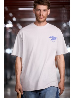 Grimelange Guardıano Erkek %100 Organik Pamuklu Baskı Detaylı Rahat Kalıp Açık Gri T-Shirt