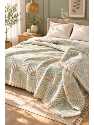Veronica Line Geometrik %100 Pamuklu Müslin Yatak Örtüsü Pike , Premium Püsküllü Çift Taraflı 220X240 Çeyizlik