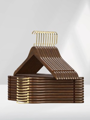 SDF Askı Ahşap Elbise Askısı ve Pantolon Askısı 10'lu Set Ceviz Renk (Lux Gold Kancalı)