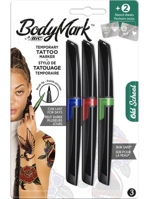 BIC BodyMark Geçici Dövme Kalemi Seti 3’lü Blister Mavi/Yeşil/Kırmızı Renklerle Eğlenceli Tasarımlar