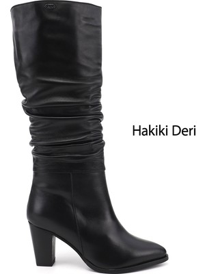 Gönderi(r) Kadın Siyah  Sivri Burun Kalın Topuklu Hakiki Deri Çizme