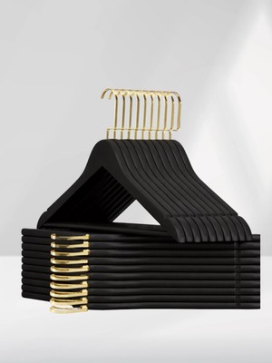 SDF Askı Ahşap Elbise Askısı ve Pantolon Askısı 10'lu Set Siyah Renk (Lux Gold Kancalı)
