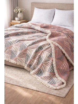 Veronica Line Geometrik %100 Pamuklu Müslin Yatak Örtüsü Pike , Premium Püsküllü Çift Taraflı 220X240 Çeyizlik