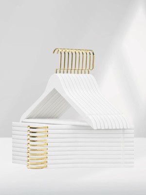 SDF Askı Ahşap Elbise Askısı ve Pantolon Askısı 10'lu Set Beyaz Renk (Lux Gold Kancalı)
